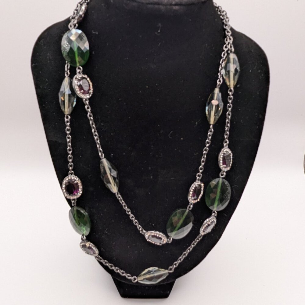 Chaps 36" double wrap necklace with Green and Purple Gem Stones